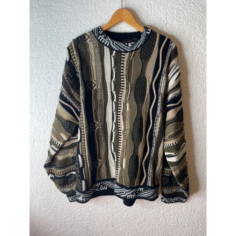 Baucci Vintage 90s 3D Textured Knit Sweater Mens Large Earth Tone Coogi Style